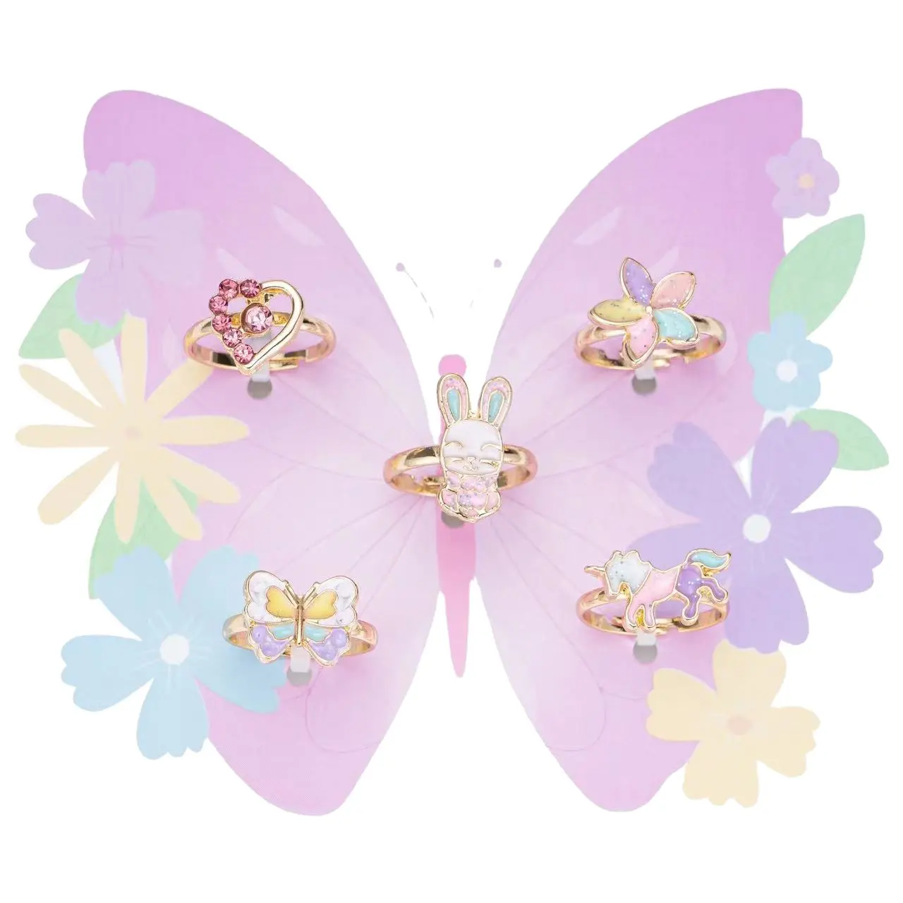 Manufacturer Wholesale Kids Ring Set Unicorn Butterfly Rainbow Children Jewelry Gift rings for girls