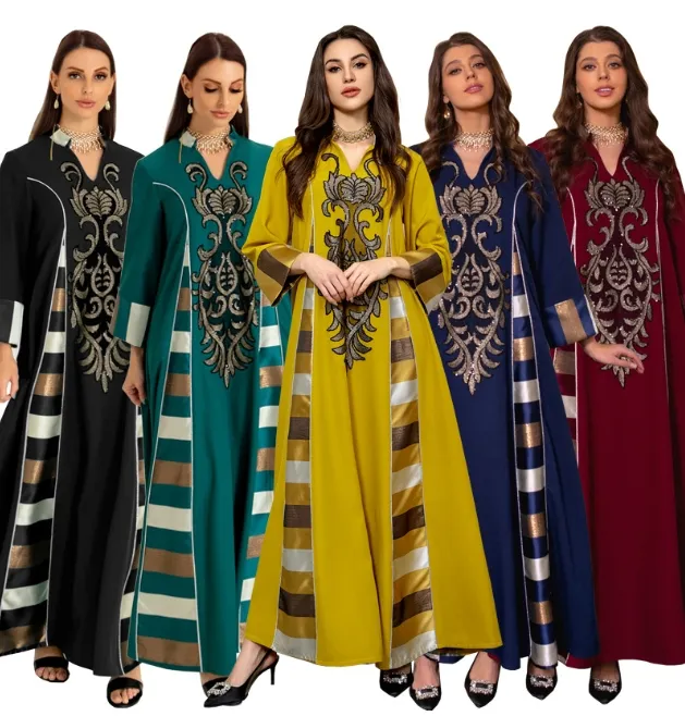 Ropa islámica Abaya mujeres musulmanas Eid al Fitr Turkiye lentejuelas bordado Kaftan árabe vestido cuentas bordado empalme raya