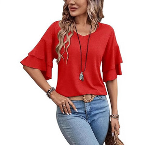 T-shirt ample à manches volantées et col en V pour femme, style européen et américain, tailles SMLXLXXLXXXL4XL5XL - Product Image 4