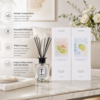 Ensemble diffuseur de parfum 220 ml, bouteille en verre transparent avec bouchon noir, boîte blanche, design minimaliste, vente en gros sous marque privée