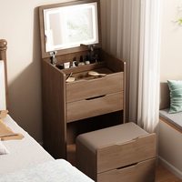 Perabot Kamar Tidur Modern Eropa dengan Penyimpanan Terintegrasi Tinggi, Meja Rias Kecil Ramah Lingkungan dengan Cermin Berlampu, Laci, dan Bangku