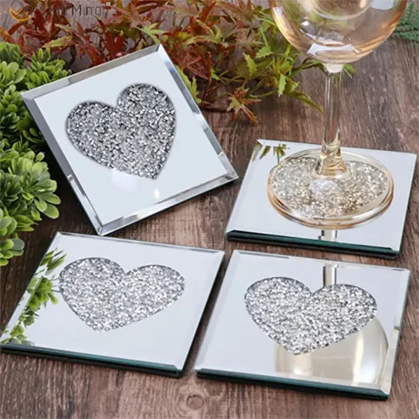 4PCS Heart Glass Mirrored Rhine stones Untersetzer für Getränke Square Crushed Diamond Decor Cup Mat für Restaurant Bar Esstisch