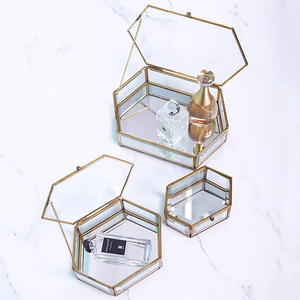 Glass & brass rose gold hexagon transparent glass jewelry box for gifts decoration