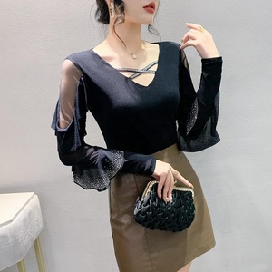 Women's <strong>Mesh</strong> Cut Hollow Rhinestone Shiny <strong>Sequined</strong> Oversized Clothes Tee <strong>Tops</strong> Nightclub Casual Long Sleeve Shirts Party T-shirt - Product Image 3