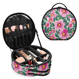 Round Portable Custom Print Hawaii Pink Flower Travel Cosmetic Brush Box Artist Professional <b>Makeup</b> Train <b>Case</b> with Divider - Product Image 2