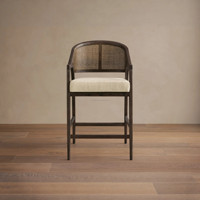 Tabouret de bar vintage américain majestueux avec dossier en rotin naturel et assise en lin, chaise de comptoir de luxe en chêne noir anthracite pour villa et salon