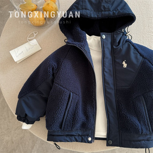 Boys Lamb Fleece Hooded Cotton Padded Coat Thickened Warm Windproof Winter Outerwear For Kids - Product Image 4