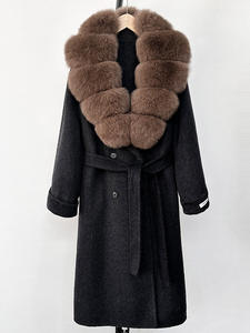 Manteau de laine de luxe à la mode avec ceinture gros poignets en fourrure de renard véritable manteau de laine long manteau de laine de cachemire femmes - Product Image 2