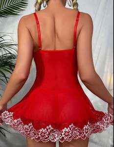 Camisola Roja de Malla Suave Sfy2179, Vestido Transparente para Mujer, Sexy con Lazo, Ropa de Dormir Corta, Pijama con Tanga, Lencería Erótica - Product Image 4