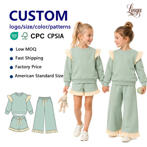 Set Felpa in <span class=keywords><strong>Cotone</strong></span> per Ragazze con Spalle Arricciate, Maniche Lunghe, Pantaloncini con Fiocco in Vita o Pantaloni a Gamba Larga, Opzioni di Motivi Personalizzati - Product Image 1