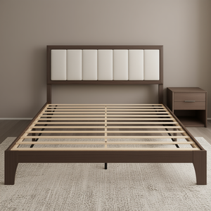 Cadre de lit plateforme rembourré taille Queen avec finition en bois de noyer et lattes en bois, design de lit moderne et doux, assemblage facile, sans bo - Product Image 2