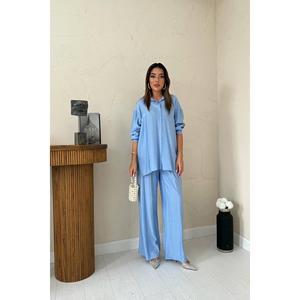 Ensemble décontracté 2 pièces pour femme : chemise bleue à col asymétrique et pantalon large – Tenue de pantalon de costume en gros - Product Image 4