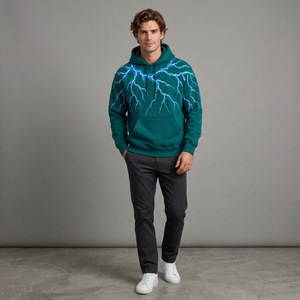 Sweat-shirt à capuche blanc pour homme, imprimé éclairs bleus, coupe classique, en coton tricoté, décontracté, pour l'automne, avec poches - Product Image 3
