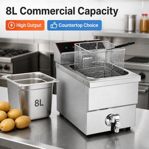 Freidora Eléctrica Comercial de 8L, Tanque Único, Cesta Individual, 2.8kW con Válvula de Drenaje para Papas Fritas y Pollo, Uso en Restaurantes - Product Image 2