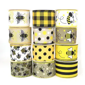 New Style 2.5 inches Spring bumble Bee Burlap Ribbon Wired Edge Custom Grosgrain Ribbon for Hair Bows DIY Crafts