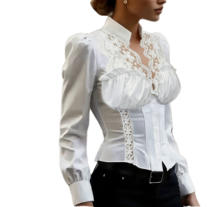 Oferta Especial en Blusa Elegante de Encaje Blanco Sólido para Mujer, Cuello en V, Manga Abullonada, Corte Ajustado, Top para Primavera, Verano y Otoño - Product Image 1