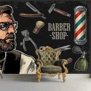 Carta da parati 3d rimovibile con stampa di arte della parete impermeabile autoadesiva per il negozio di barbiere