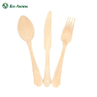 Ensemble de vaisselle jetable biodégradable en bois de bouleau au design moderne, avec cuillère, fourchette et couteau de 200 mm, idéal pour les voyages (vente en gros)