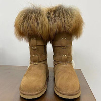Bottes d'hiver unisexes en cuir véritable et fourrure de renard avec doublure en cuir véritable, semelle intérieure en EVA, imperméables