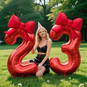 Ballons Chiffres Rouges Géants de 32 Pouces avec Nœud Assorti, Parfaits pour la Décoration de Fêtes d'Anniversaire Western - Product Image 1