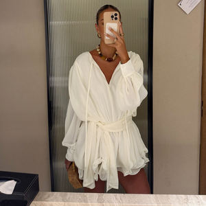 Vestido Estilo Francés Informal para Mujer, Color Beige, con Volantes en Capas, Dobladillo con Volantes, Mini Vestido con Cintura Ajustable, Estilo Casual Chic sin Esfuerzo - Product Image 2