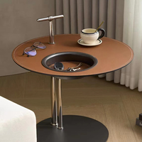 Table basse moderne de luxe en acier inoxydable avec table d'appoint en cuir pleine fleur, petit meuble de salon avec fonction de service de boissons