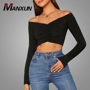Hot Selling Good Quality Women Plain <strong>Black</strong> Blouse <strong>Tops</strong> Sexy Off Shoulder V Neck Crop <strong>Top</strong> Wholesale - Product Image 1