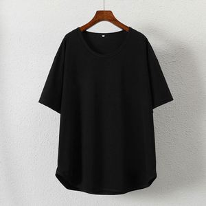 NY Büyük Beden Pamuklu U Yaka Tişört, Kavisli Kenarlı Kısa Kollu Kadın Yazlık Bol Orta Uzun Bluz - Product Image 4
