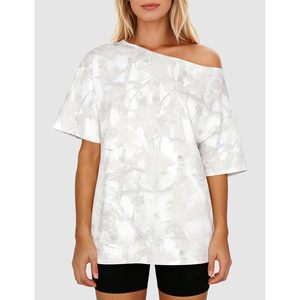 Women Off The Shoulder Camo T Shirt Short Sleeve Oversized Boat Neck <b>Top</b> Casual Everyday Wear Breathable Polyester - Product Image 2