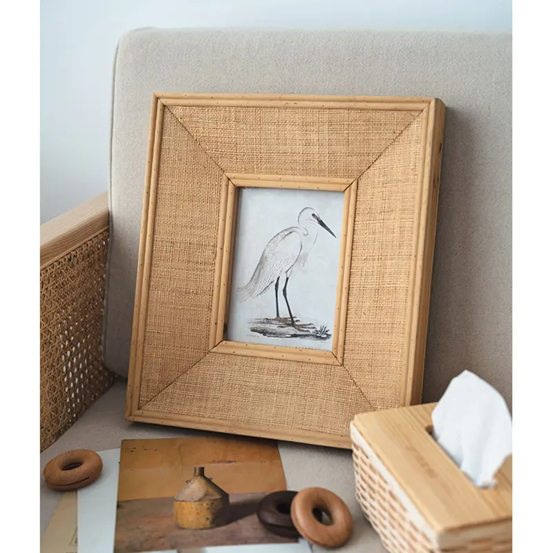 Atacado artesanal natural rattan quadro de vime boho rústico photo frame tabela vintage stand photo frame para decoração de casa