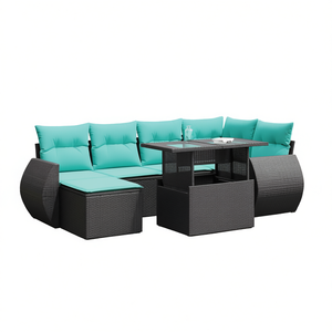 Set di divani da esterno in polyrattan nero da 7 pezzi con cuscini, eleganti mobili da giardino - Product Image 1