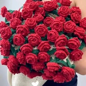 Handmade Knitted Rose Bouquet <b>Blanket</b> Red Floral Medium <b>Weight</b> Polyester Eco-Friendly Gift For Autumn Winter Bedding - Product Image 1