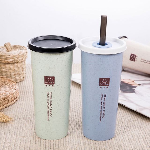 New Wholesale Portable 350ml Eco-Friendly Heat Resistant Plastic Travel Wheat Straw Water Bottle Mugs With Straw and 2 Lids