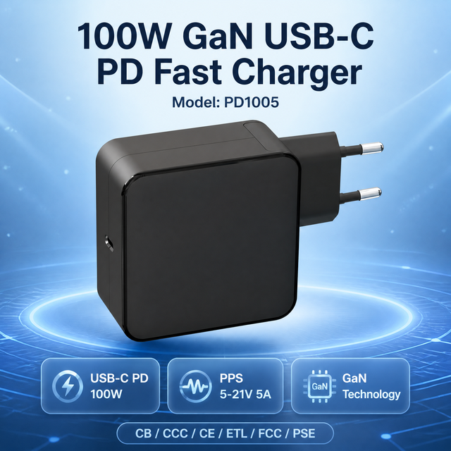 EU Plug Wall PD100W USB-C Gan Fast Charger with OVP/OCP/Fireproof Protection for Phone Laptop & Electric Tool