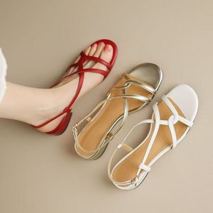 Sandales plates à bout rond pour femmes, design été-printemps, dessus en PU, couleur unie, talon bas, style tendance - Product Image 1