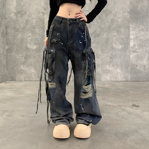 Cargo Jeans Men Baggy Wide Leg Denim <strong>Pants</strong> Zipper Pocket Shredded Knee White Paint Splatter Streetwear Men's Denim Trousers - Product Image 1