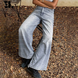 Celana <span class=keywords><strong>Jeans</strong></span> Wanita LARSUR Custom Factory, Model Straight Baggy Longgar, Berhias Rhinestone Berkilau, Efek Distressed Wash, Pinggang Tinggi - Product Image 6