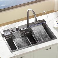 Évier de cuisine intelligent en acier inoxydable 304 noir avec cascade LED, multifonction et lave-tasses
