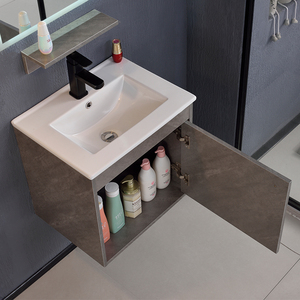 Mobile Bagno Moderno in Compensato Grigio con Lavabo Singolo a Parete, Specchio LED, Eco-Friendly, Stile Rustico - Product Image 4