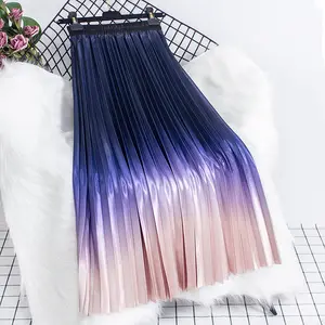 2022 Women Lady Pleated with Lining Long Skirt Dress New Fashion Loose Elastic Waist Gradient Color Street Wear Casual Skirt