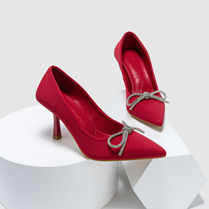 Hot Sale Four Seasons French <b>Rhinestone</b> Bow Socialite Temperament High Heel Versatile Simple Summer Plus Size Single Shoes - Product Image 1