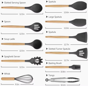 Ensemble d'ustensiles de cuisine en silicone à manches en bois, 11 pièces (spatules, pinces, cuillères), non toxique, faible MOQ, avec support - Product Image 3