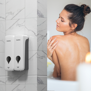Distributeur de savon pour les mains mural moderne en ABS 2 en 1 sans perçage avec pompe pour gel douche/shampoing - Product Image 1