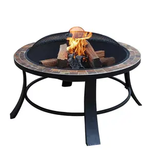 Outdoor Round Mosaic Fire Pit Camping Wood Burning Fire Pit Table Slate BBQ Grills