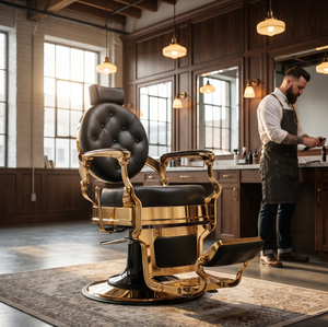 Sillón de Barbería Hidráulico Dorado Vintage con Reposacabezas para Barbería Masculina - Product Image 4