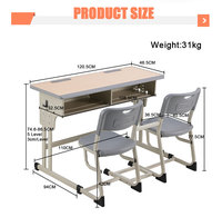 Ensemble de bureau et chaise scolaire robuste avec pieds renforcés et surface résistante aux rayures, bureau et chaise connectés à deux places