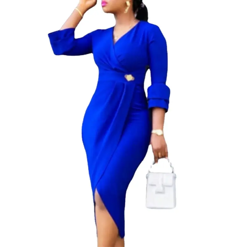 Blue Elegant High Waist V Neck Pleat Split Office Career Lady Dress