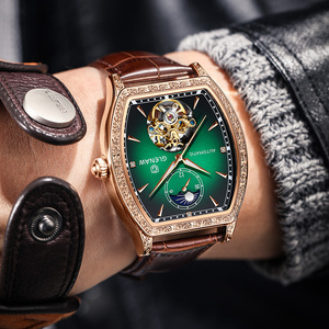 Venta caliente Reloj de lujo para hombres Diseño de correa de cuero relojes de pulsera de moda Fase lunar Mecánico automático reloj de hombre vintage - Product Image 3