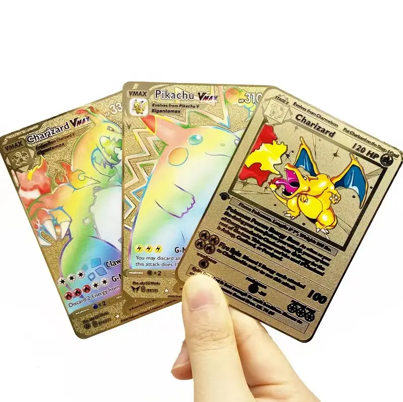 Dalam stok kualitas tinggi grosir murah baja tahan karat logam emas Pokemon permainan perdagangan kartu Charizard kartu Pokemon pertama