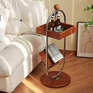 Mesa Auxiliar de Madera Maciza con Acabado en Nogal, Estante de Almacenamiento Móvil, Decoración para Sala de Estar - Product Image 4